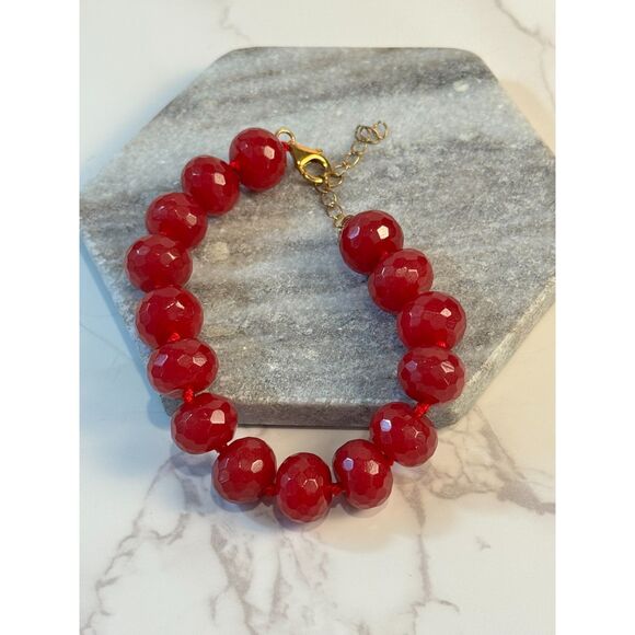 Rare Find! Red Jade Bracelet - Gold Plated over Sterling Silver - Picture 1 of 6